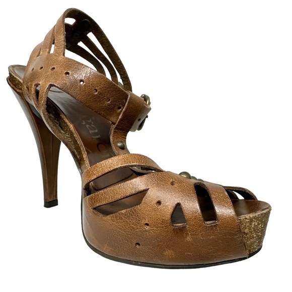 Pedro Garcia Designer Brown Leather Open Toe Studded Cut Out Heels Size 37.5 - Picture 7 of 10
